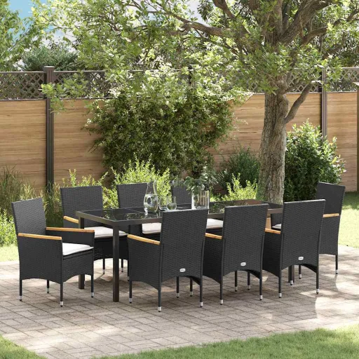 Conjunto de Jantar para Jardim com Almofada   Preto Vime PE (9 pcs)