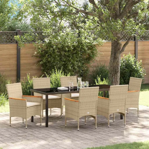 Conjunto de Jantar para Jardim com Almofada   Bege Vime PE (7 pcs)