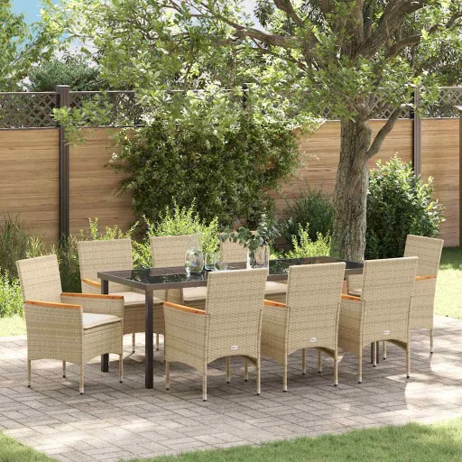 Conjunto de Jantar para Jardim com Almofada   Bege Vime PE (9 pcs)