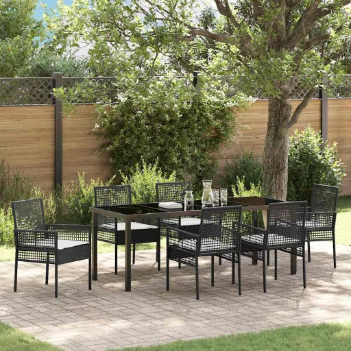 Conjunto de Jantar para Jardim com Almofada   Preto Vime PE (7 pcs)