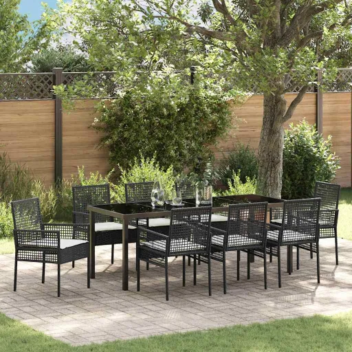 Conjunto de Jantar para Jardim com Almofada   Preto Vime PE (9 pcs)
