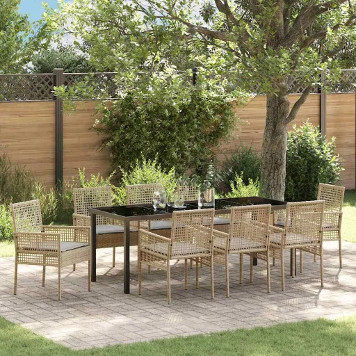 Conjunto de Jantar para Jardim com Almofada   Bege Vime PE (9 pcs)