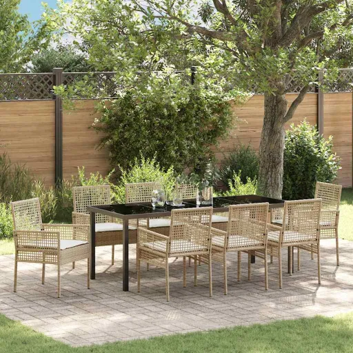 Conjunto de Jantar para Jardim com Almofada   Bege Vime PE (9 pcs)