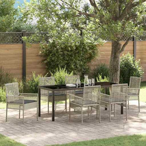 Conjunto de Jantar para Jardim   Cinzento-Claro Vime PE (7 pcs)