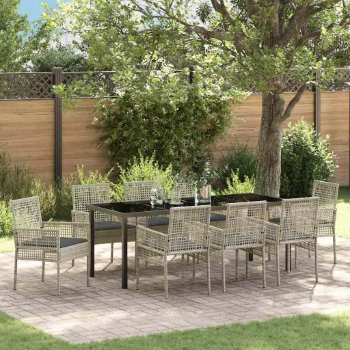 Conjunto de Jantar para Jardim   Cinzento-Claro Vime PE (9 pcs)