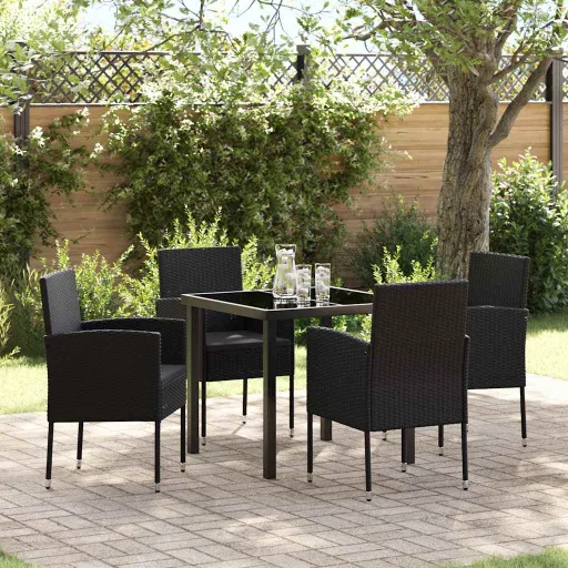 Conjunto de Jantar para Jardim com Almofada   Preto Vime PE (5 pcs)