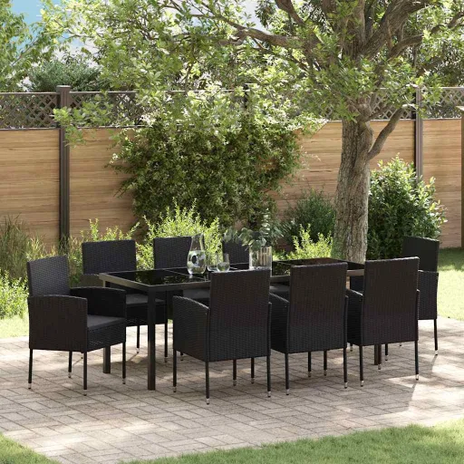 Conjunto de Jantar para Jardim com Almofada   Preto Vime PE (9 pcs)