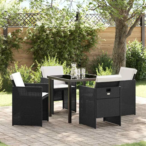 Conjunto de Jantar para Jardim com Almofada   Preto Vime PE (5 pcs)