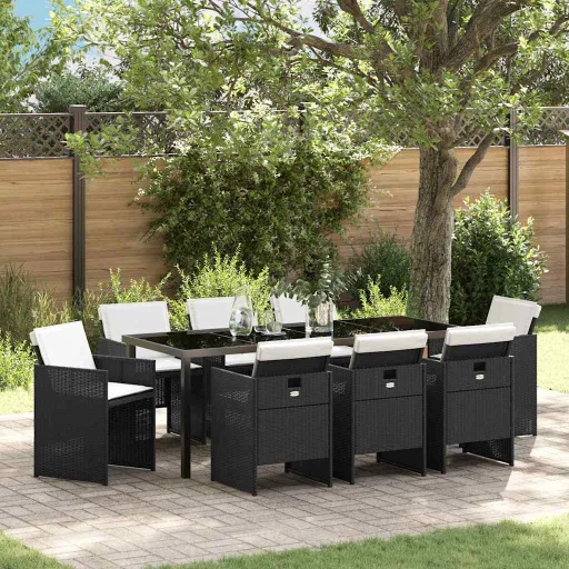 Conjunto de Jantar para Jardim com Almofada   Preto Vime PE (9 pcs)