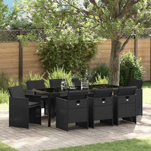 Conjunto de Jantar para Jardim com Almofada   Preto Vime PE (9 pcs)