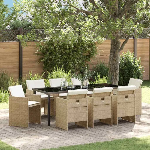 Conjunto de Jantar para Jardim com Almofada   Bege Vime PE (9 pcs)