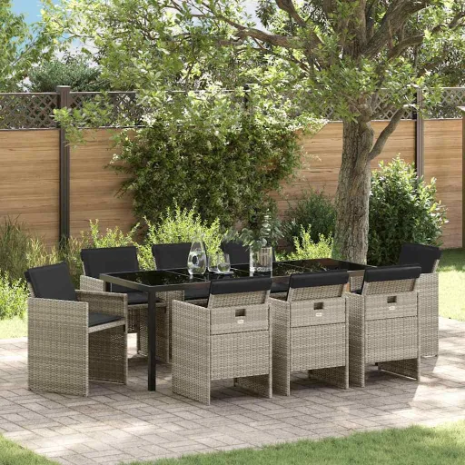 Conjunto de Jantar para Jardim   Cinzento-Claro Vime PE (9 pcs)