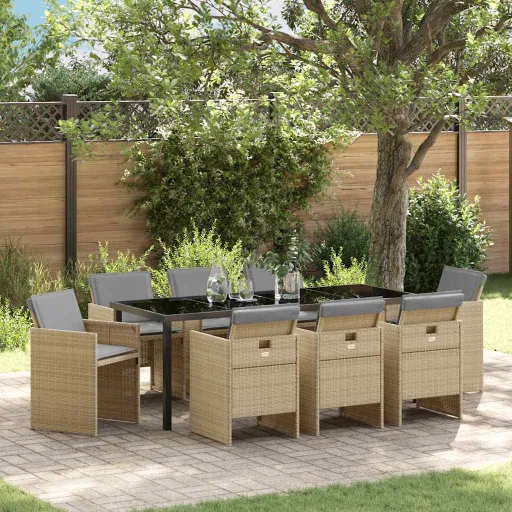 Conjunto de Jantar para Jardim com Almofada   Bege Vime PE (9 pcs)