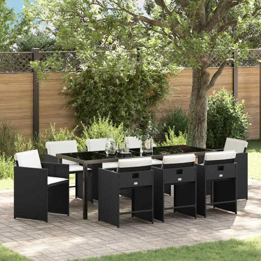 Conjunto de Jantar para Jardim com Almofada   Preto Vime PE (9 pcs)