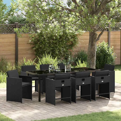 Conjunto de Jantar para Jardim com Almofada   Preto Vime PE (9 pcs)