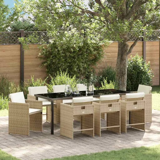 Conjunto de Jantar para Jardim com Almofada   Bege Vime PE (9 pcs)