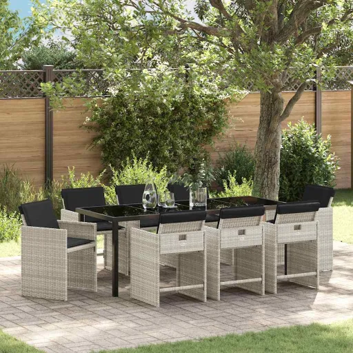 Conjunto de Jantar para Jardim   Cinzento-Claro Vime PE (9 pcs)