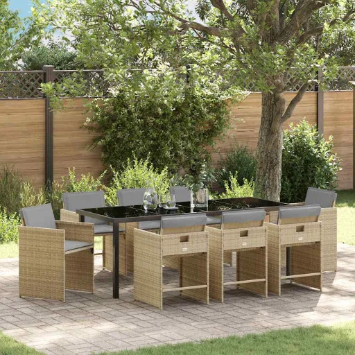 Conjunto de Jantar para Jardim com Almofada   Bege Vime PE (9 pcs)