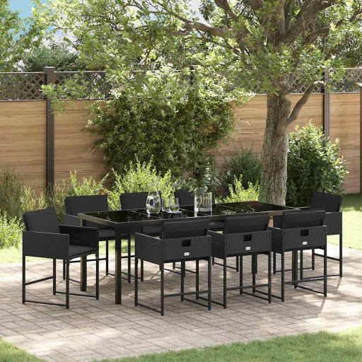 Conjunto de Jantar para Jardim com Almofada   Preto Vime PE (9 pcs)