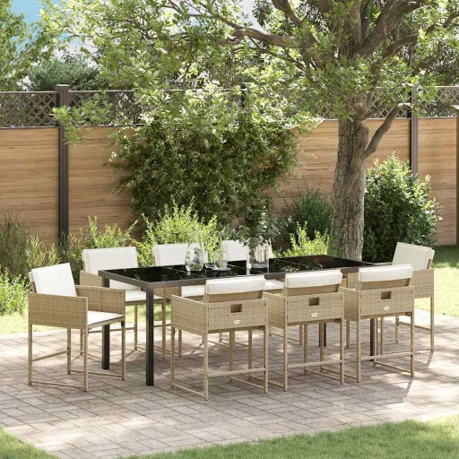 Conjunto de Jantar para Jardim com Almofada   Bege Vime PE (9 pcs)