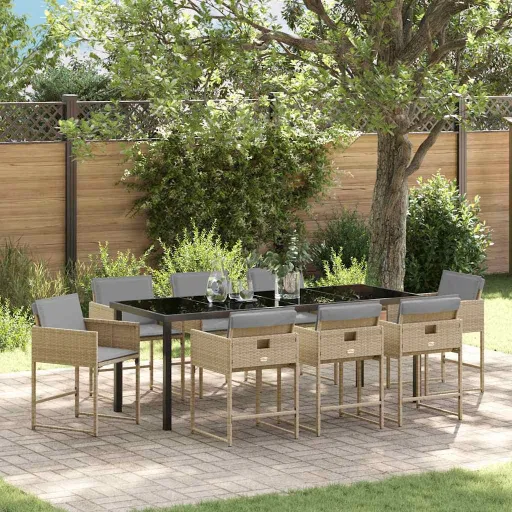 Conjunto de Jantar para Jardim com Almofada   Bege Vime PE (9 pcs)