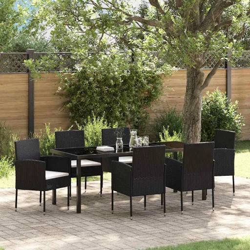 Conjunto de Jantar para Jardim com Almofada   Preto Vime PE (7 pcs)