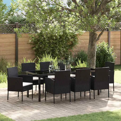 Conjunto de Jantar para Jardim com Almofada   Preto Vime PE (9 pcs)