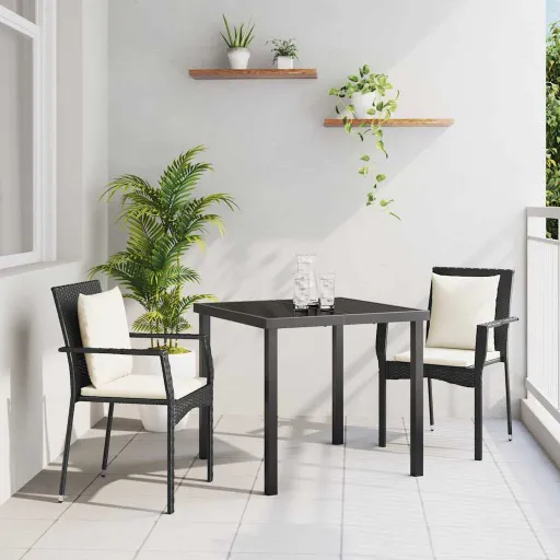 Conjunto de Jantar para Jardim com Almofada   Preto Vime PE (3 pcs)