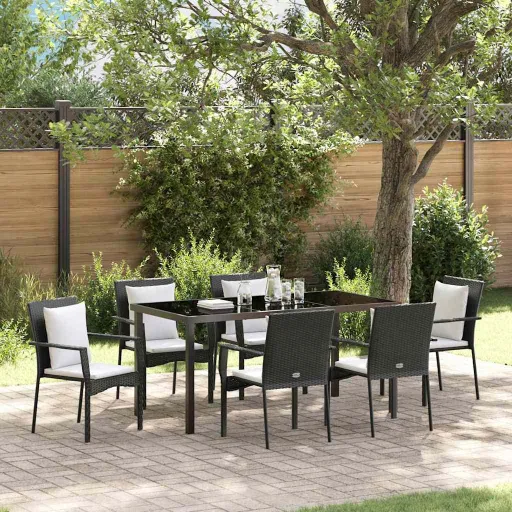 Conjunto de Jantar para Jardim com Almofada   Preto Vime PE (7 pcs)