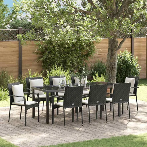 Conjunto de Jantar para Jardim com Almofada   Preto Vime PE (9 pcs)