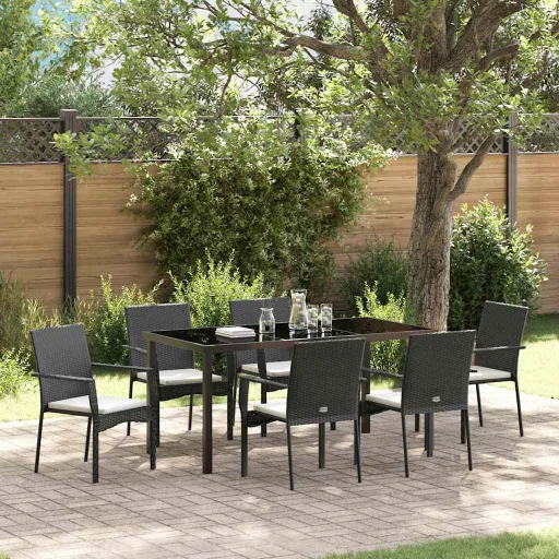 Conjunto de Jantar para Jardim com Almofada   Preto Vime PE (7 pcs)