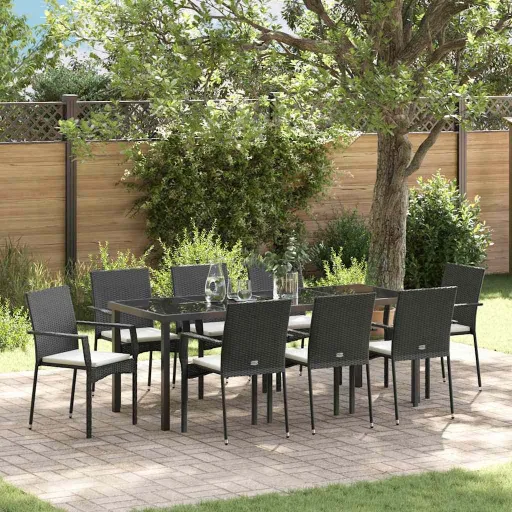 Conjunto de Jantar para Jardim com Almofada   Preto Vime PE (9 pcs)