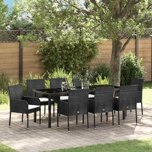 Conjunto de Jantar para Jardim com Almofada   Preto Vime PE (9 pcs)