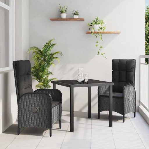 Conjunto de Jantar para Jardim com Almofada   Preto Vime PE (3 pcs)