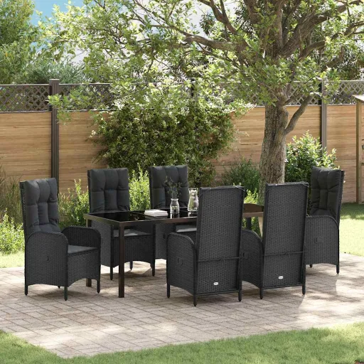 Conjunto de Jantar para Jardim com Almofada   Preto Vime PE (7 pcs)