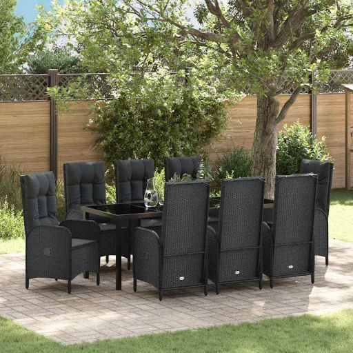 Conjunto de Jantar para Jardim com Almofada   Preto Vime PE (9 pcs)