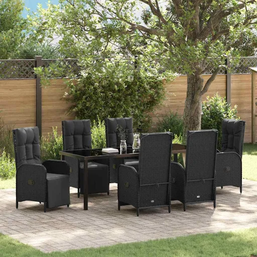 Conjunto de Jantar para Jardim com Almofada   Preto Vime PE (7 pcs)