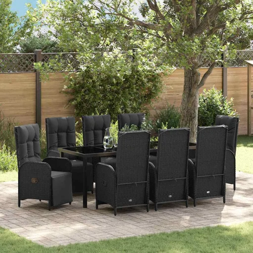 Conjunto de Jantar para Jardim com Almofada   Preto Vime PE (9 pcs)