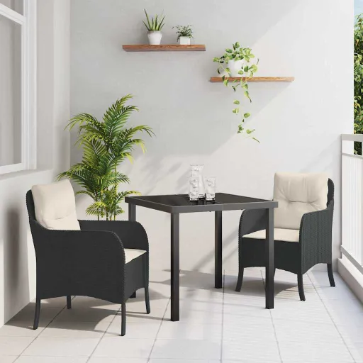 Conjunto de Jantar para Jardim com Almofada   Preto Vime PE (3 pcs)