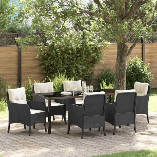 Conjunto de Jantar para Jardim com Almofada   Preto Vime PE (7 pcs)