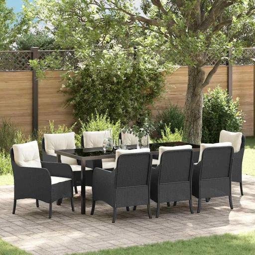 Conjunto de Jantar para Jardim com Almofada   Preto Vime PE (9 pcs)