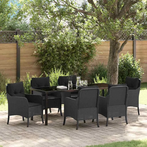 Conjunto de Jantar para Jardim com Almofada   Preto Vime PE (7 pcs)