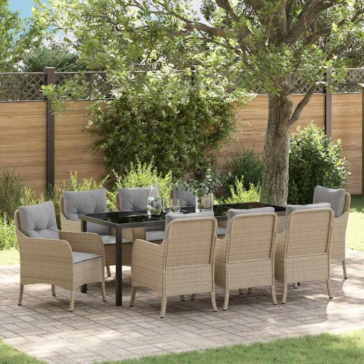 Conjunto de Jantar para Jardim com Almofada   Bege Vime PE (9 pcs)