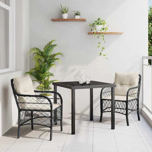 Conjunto de Jantar para Jardim com Almofada   Preto Vime PE (3 pcs)