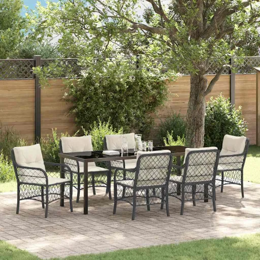 Conjunto de Jantar para Jardim com Almofada   Preto Vime PE (7 pcs)