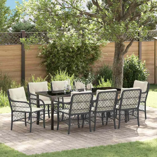 Conjunto de Jantar para Jardim com Almofada   Preto Vime PE (9 pcs)