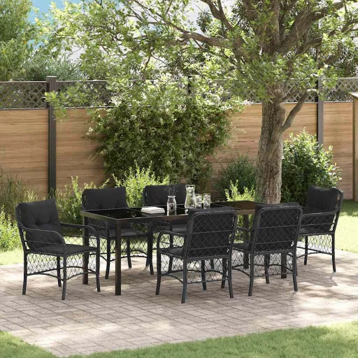 Conjunto de Jantar para Jardim com Almofada   Preto Vime PE (7 pcs)
