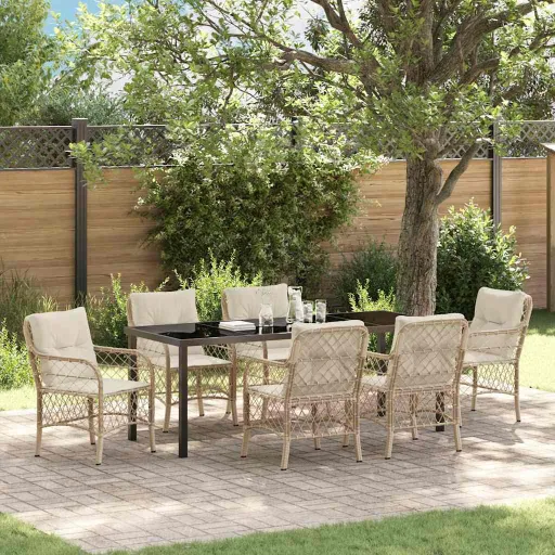 Conjunto de Jantar para Jardim com Almofada   Bege Vime PE (7 pcs)