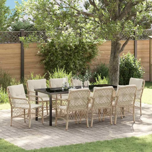 Conjunto de Jantar para Jardim com Almofada   Bege Vime PE (9 pcs)