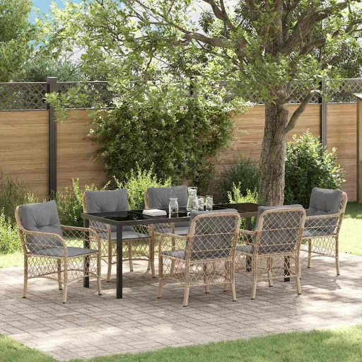 Conjunto de Jantar para Jardim com Almofada   Bege Vime PE (7 pcs)